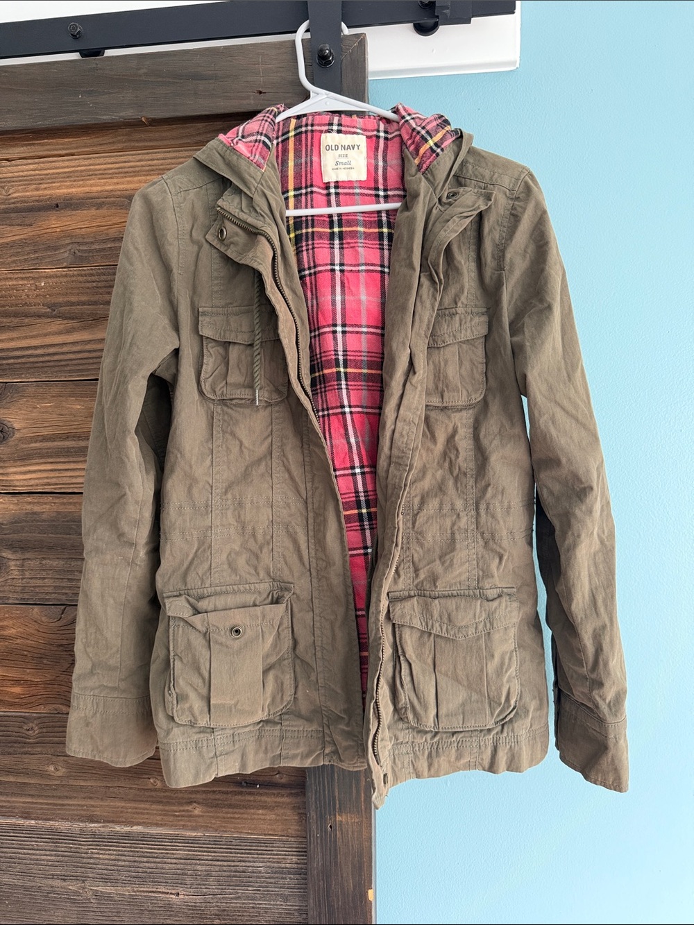 Old Navy Olive Hooded Jacket with Pink Plaid Lining